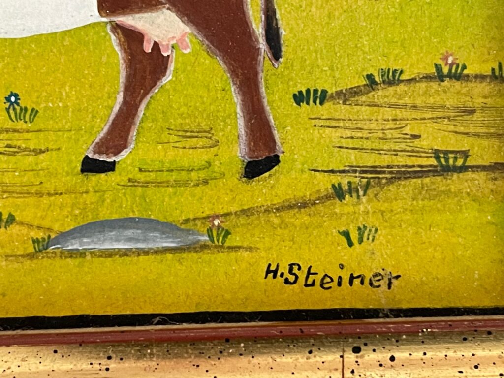 Alpabzug mit Ziegen, Bauern und Kühen Appenzellermalerei Antike
