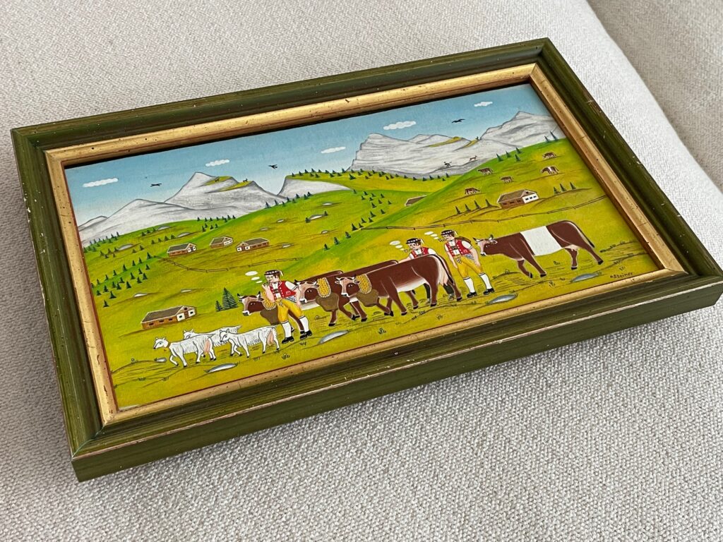 Alpabzug mit Ziegen, Bauern und Kühen Appenzellermalerei Antike